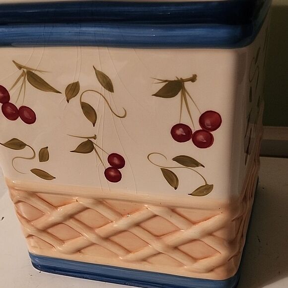 Cherry Pattern Ceramic Canister with Blue Accents - Picture 4 of 11